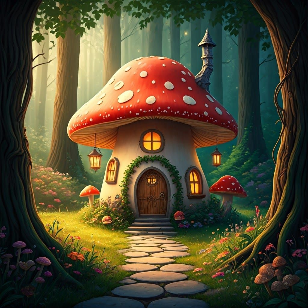 Whimsical Red Mushroom House in Enchanted Forest