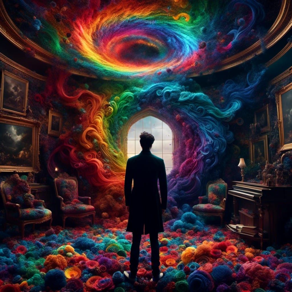 Rainbow Portal Opens in Dark Room, Digital Matte Painting