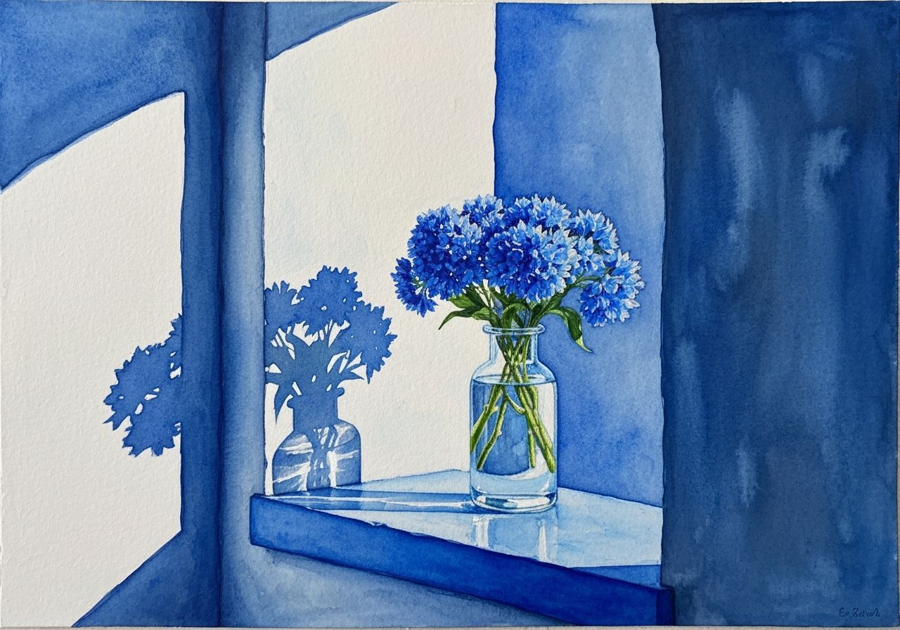 Realistic Watercolor Painting of Blue Flowers in Glass Vase