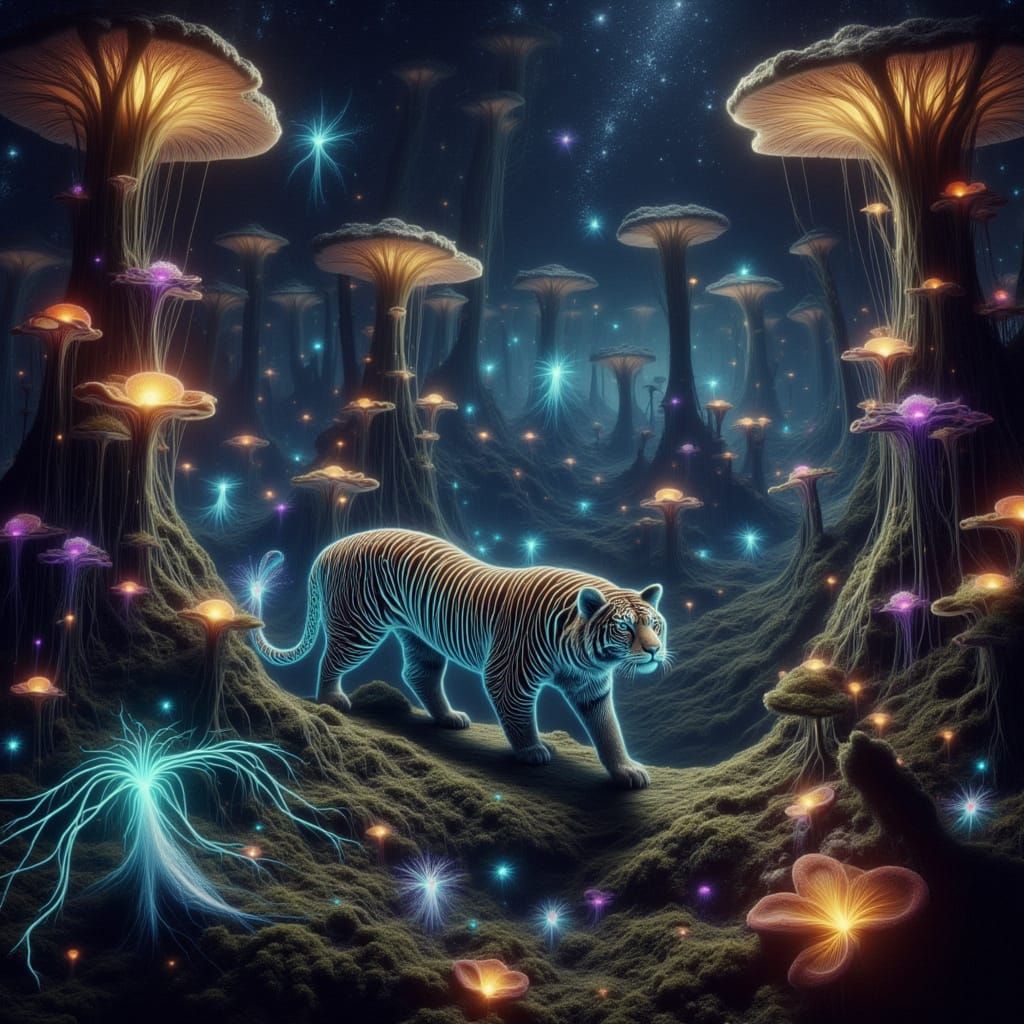 Bioluminescent Tiger in Alien Jungle, Hyperrealistic Art