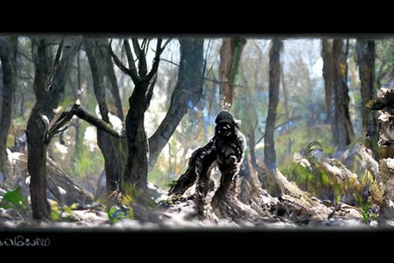 Bigfoot in Dark Forest, Detailed Matte Painting