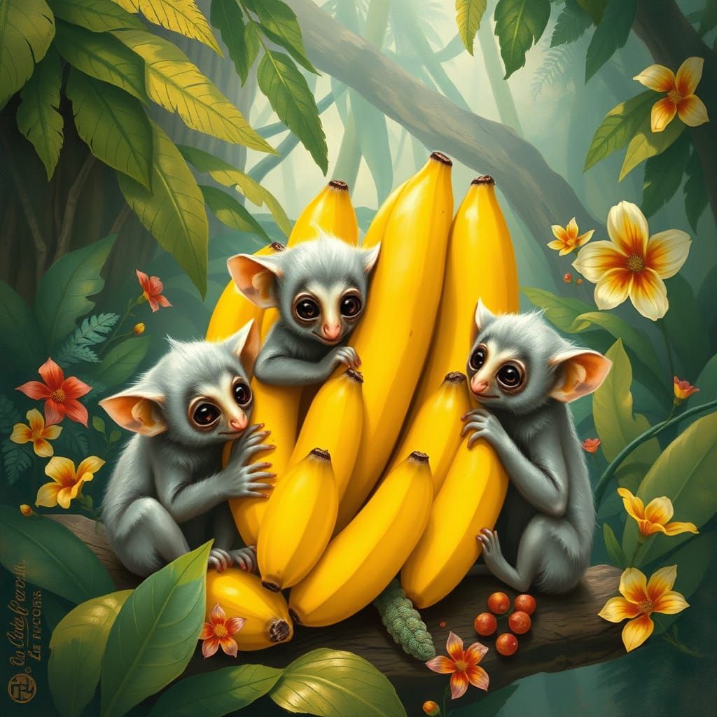 Whimsical Tropical Rainforest Scene with Baby Tarsiers and B...