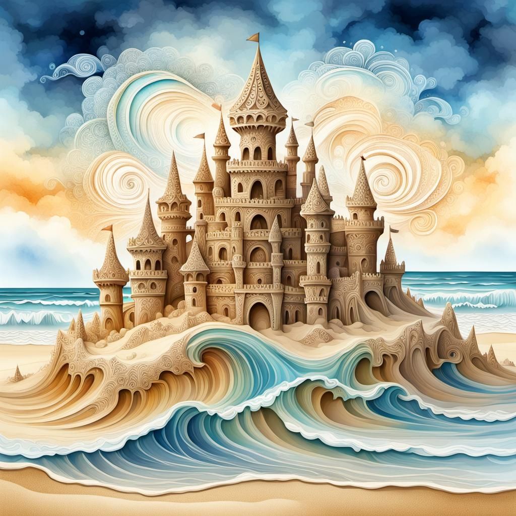 Detailed Sand Castle with Fractal Watercolor Design