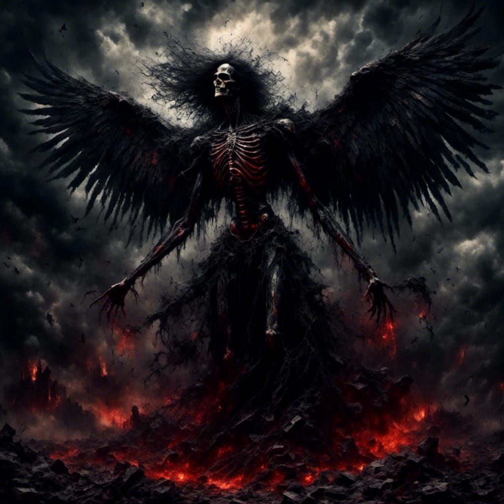 Skeletal Dark Angel with Black Wings in Macabre Style