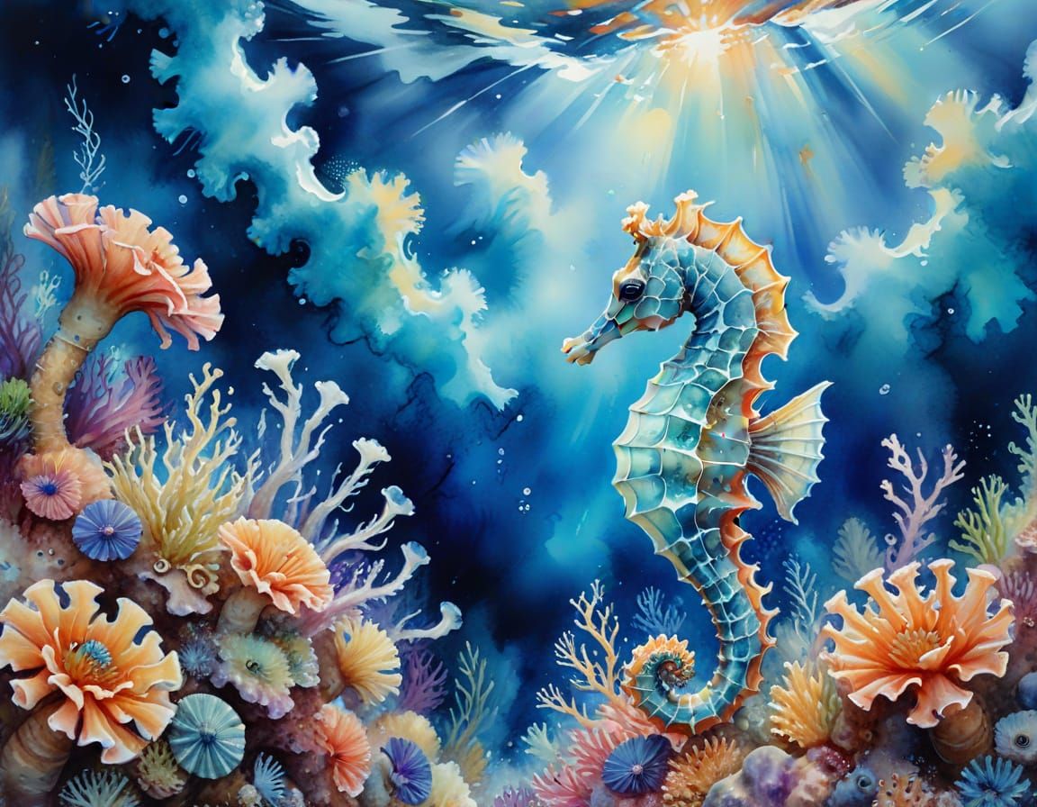 Watercolor Seahorse Swimming Among Coral Reef