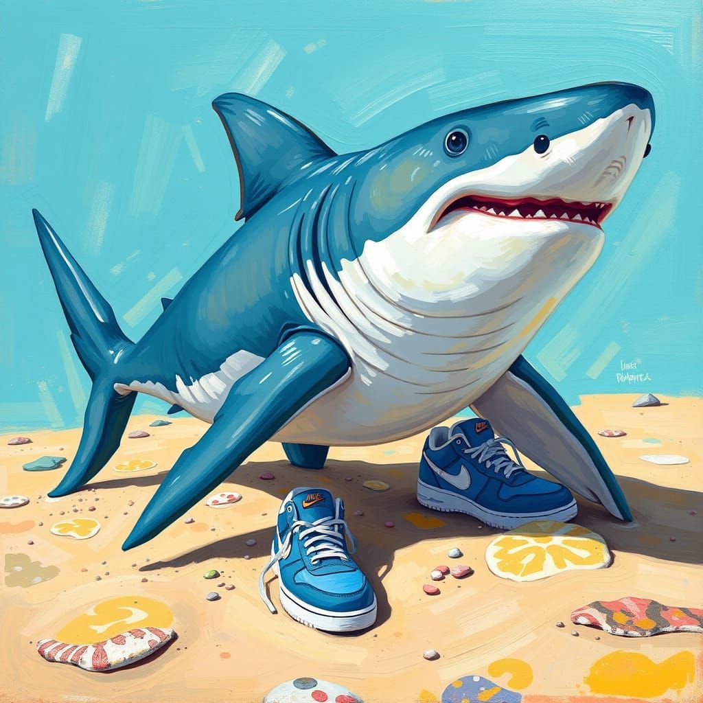 Surrealist Shark in Beachy Wonderland with Nike Sneakers