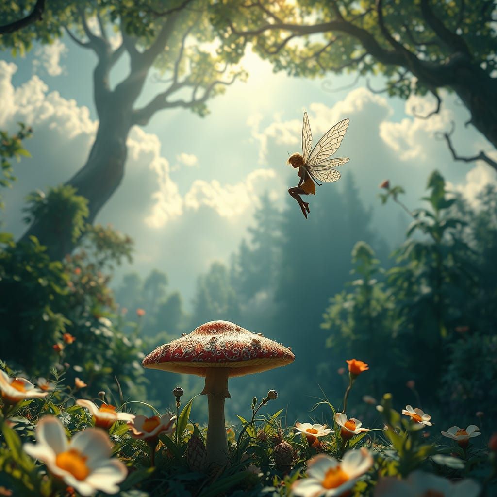 Whimsical Fairy Amidst a Lush, Vibrant Forest in Detailed Ma...