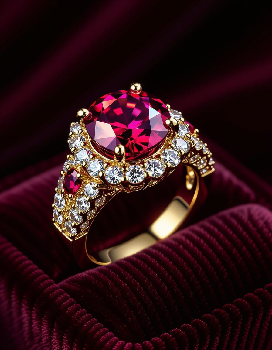 Regal Ruby Wedding Ring on Velvet Cushion