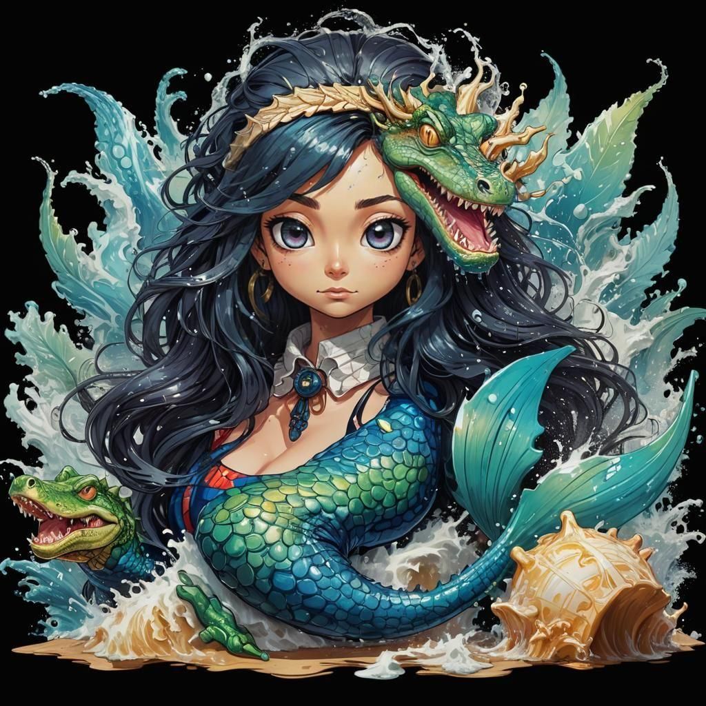 Alligator Surfing in Manga Anime Street Art Style