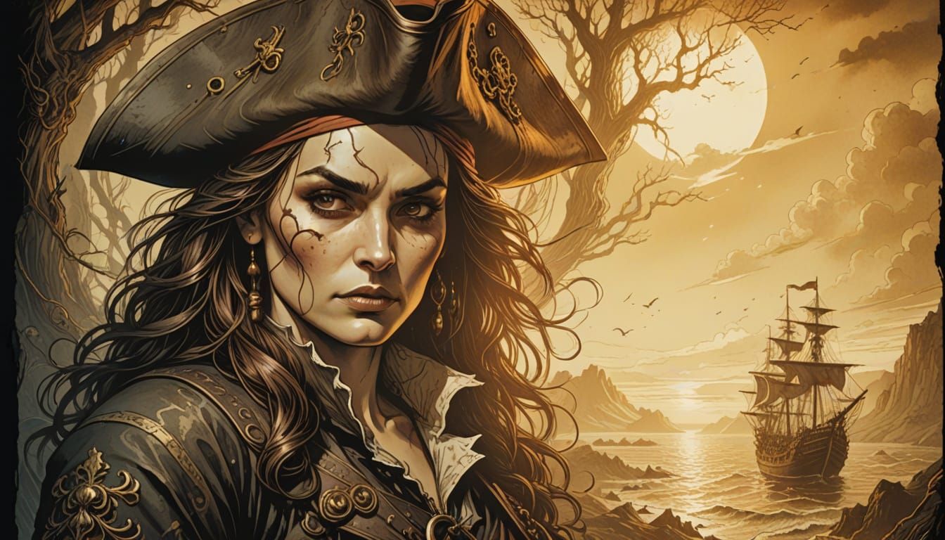 Mysterious Female Pirate in Dark Fantasy Setting