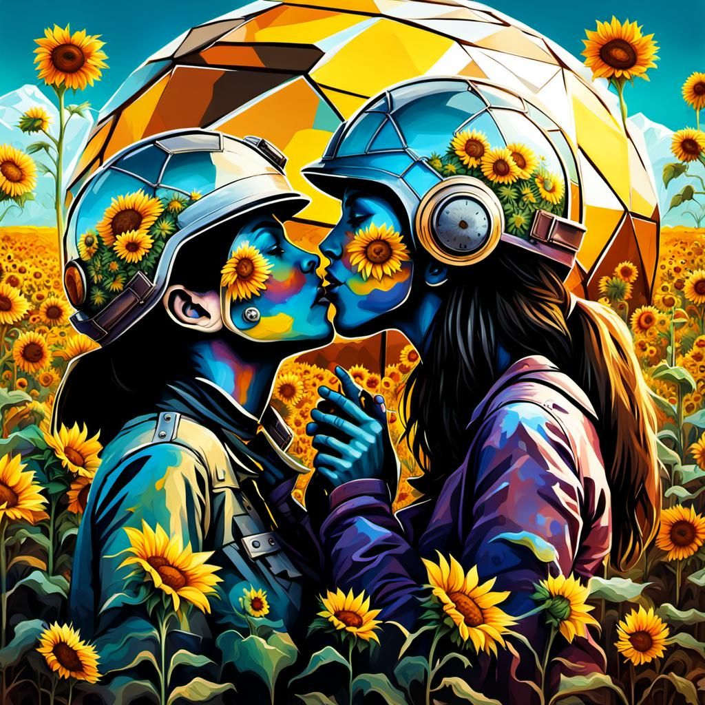 Lesbians Kissing in Steampunk Sunflower Dome