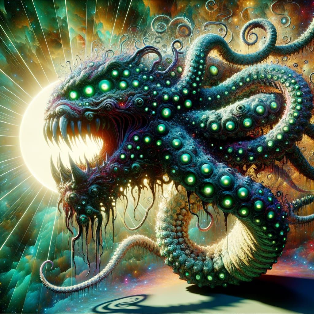 Colossal Serpent Lord with Tentacles and Glowing Eyes