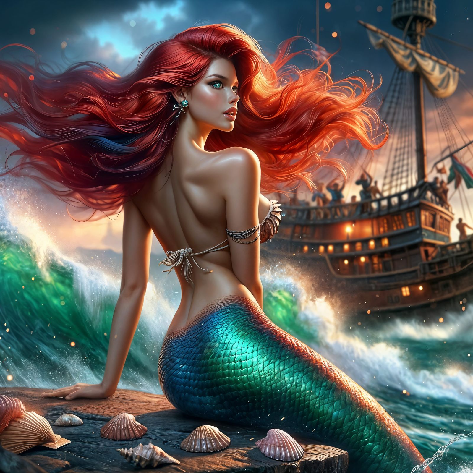 Mermaid Sunbathing on Rocks with Ship Background