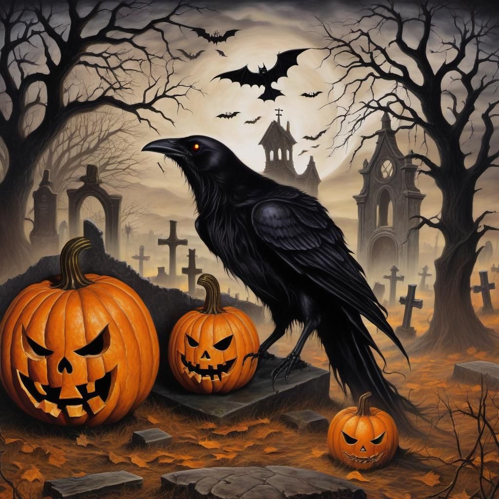 Haunted Jack-o'-Lantern in Gothic Graveyard Painting