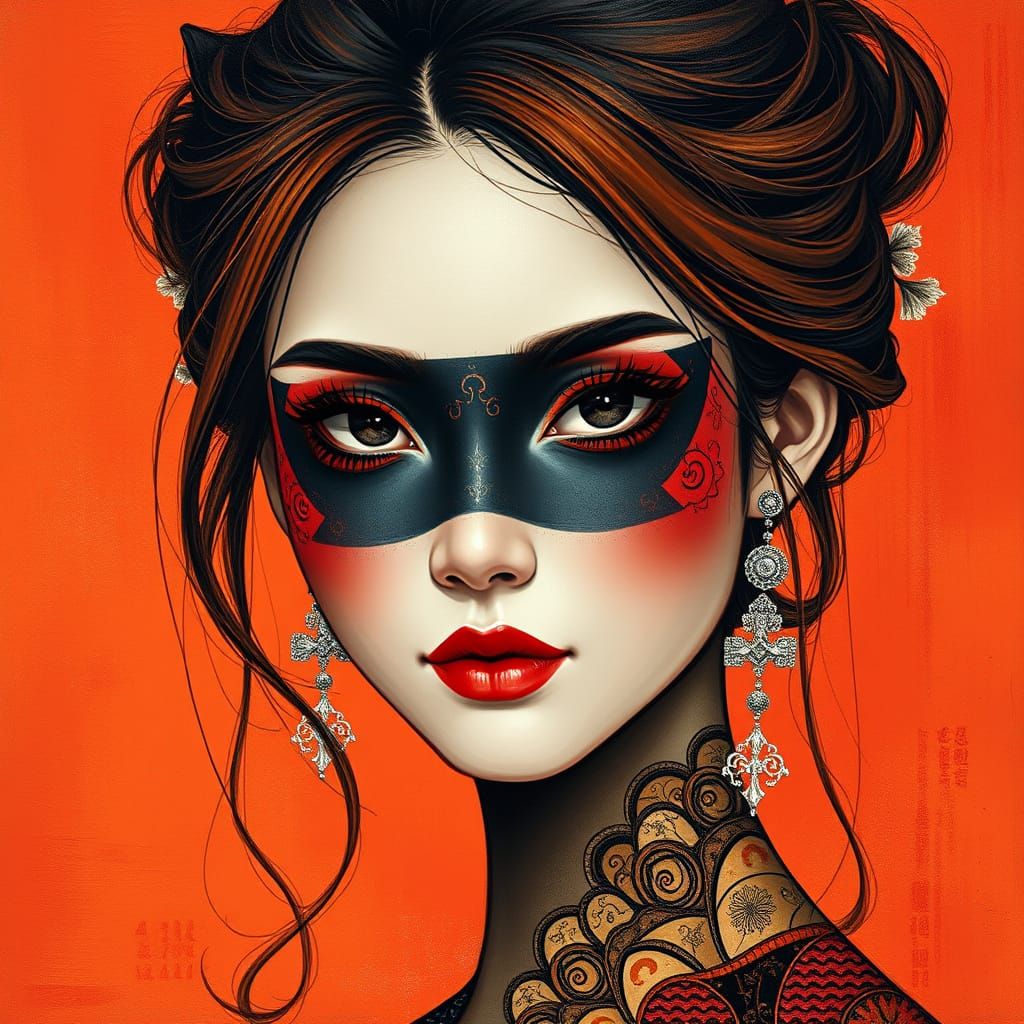 Abstract Oriental Woman with Folk Art Feel