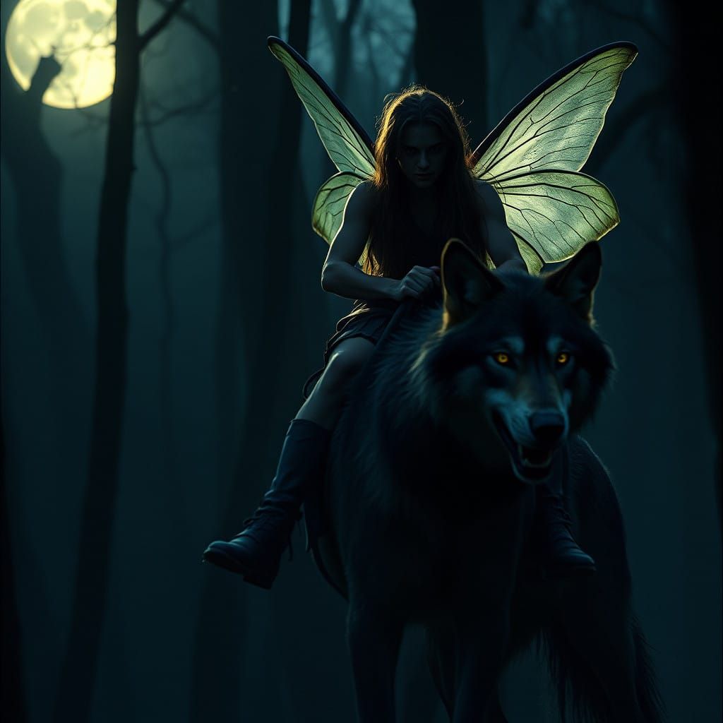 Epic Male Fairy Rides Through Dark Forest on Wolf, Moonlit,...