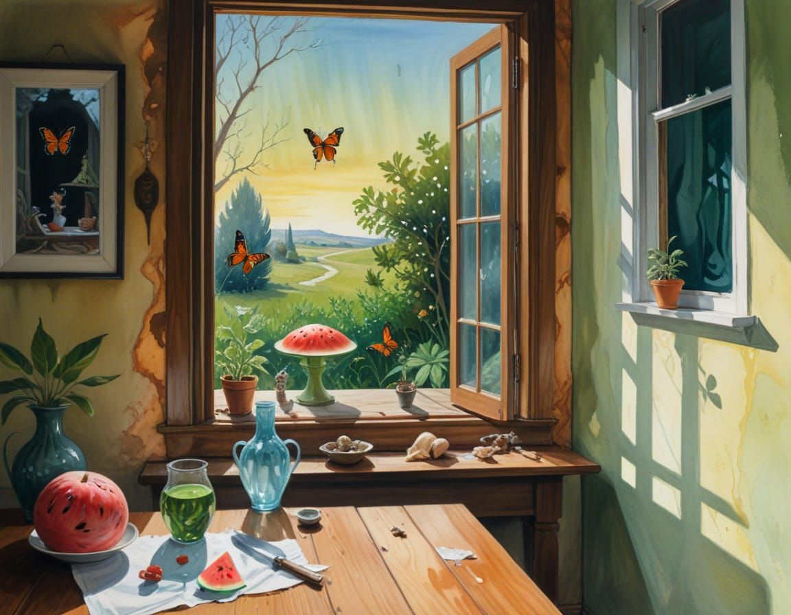 Eerie Window Scene Inspired by Bosch and Ghibli