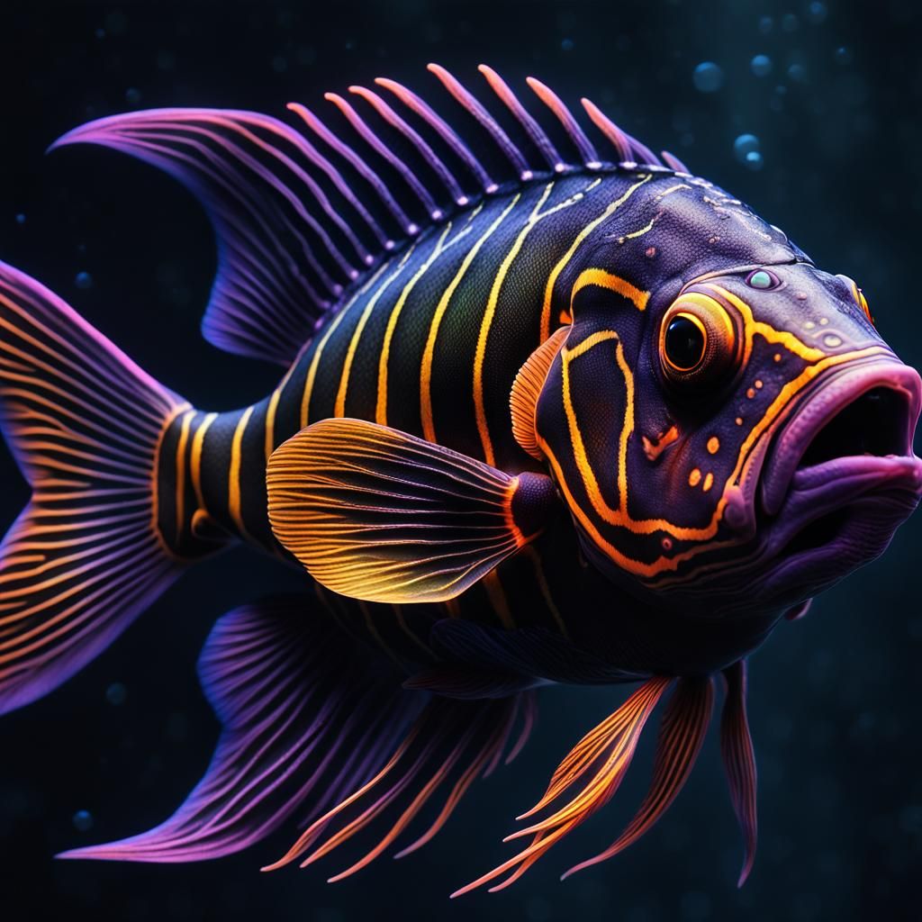 Fluorescent Fish Swimming in Ultrarealistic Giger Style