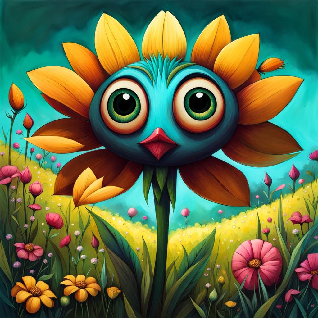 Anthropomorphic Flower with Oversized Eyes in Meadow