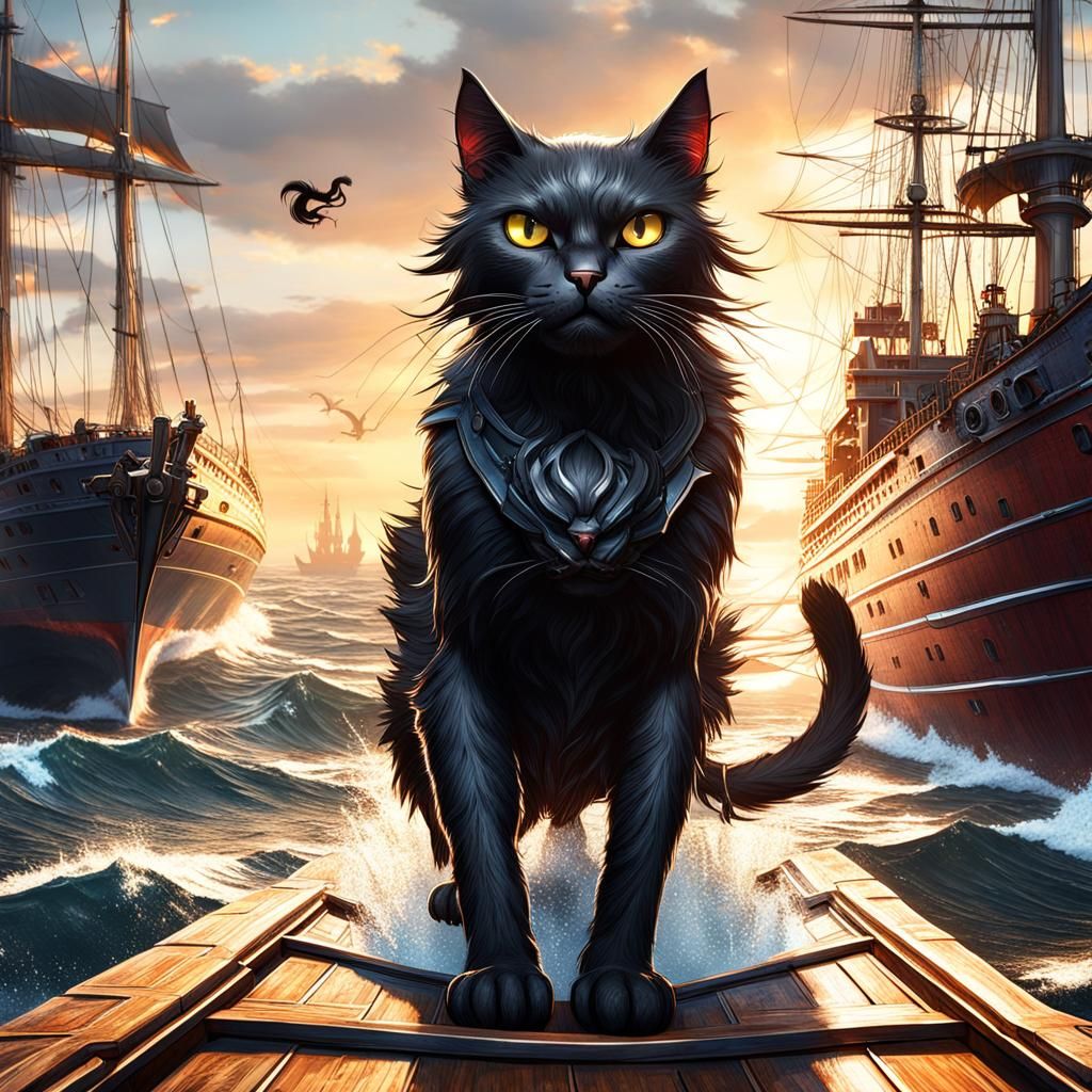 Black Cat Leaps to Ship at Sunrise