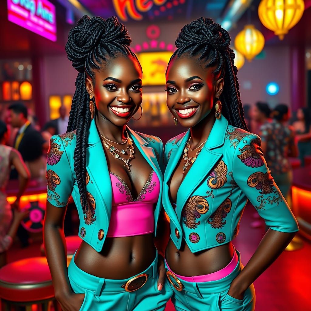 Smiling Black Women in Turquoise Suits with African Braids