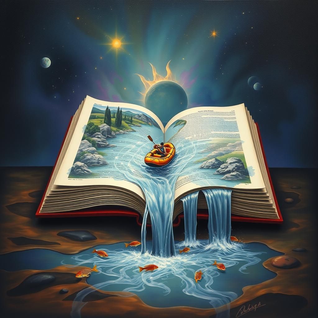 Surreal River Rafting Scene in Melting Oil on Canvas