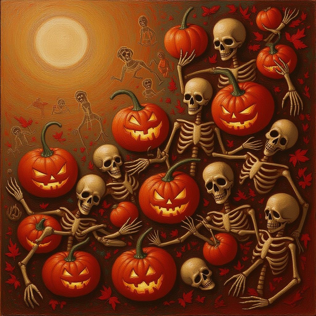 Abstract Fall Spectacle: Pumpkins, Skeletons, Ghosts in Warm...