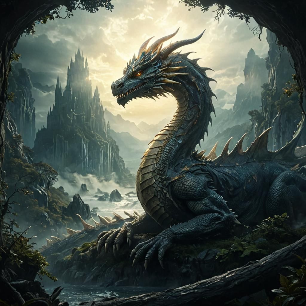 Epic Dragon in Misty Fantasy Landscape