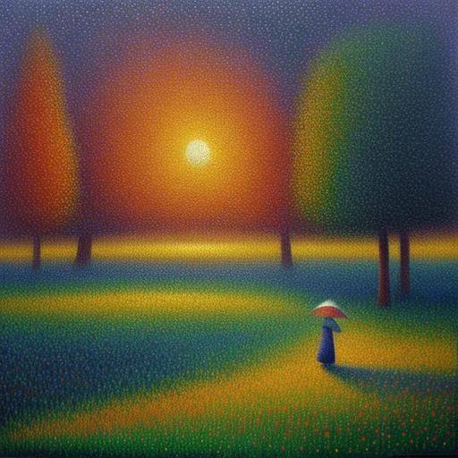Pointillist Woman in Sunset Field, Seurat Style