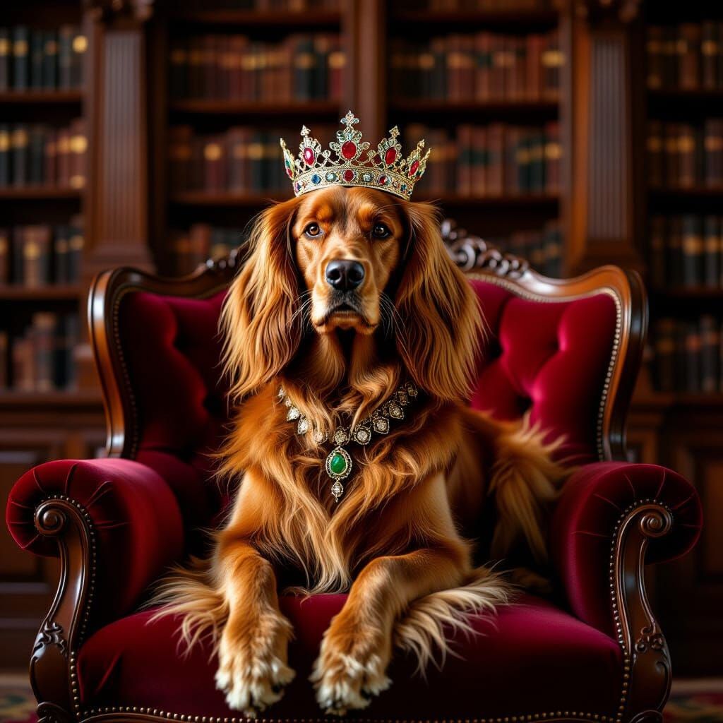 Regal Irish Setter Crowned in Sunlit Library