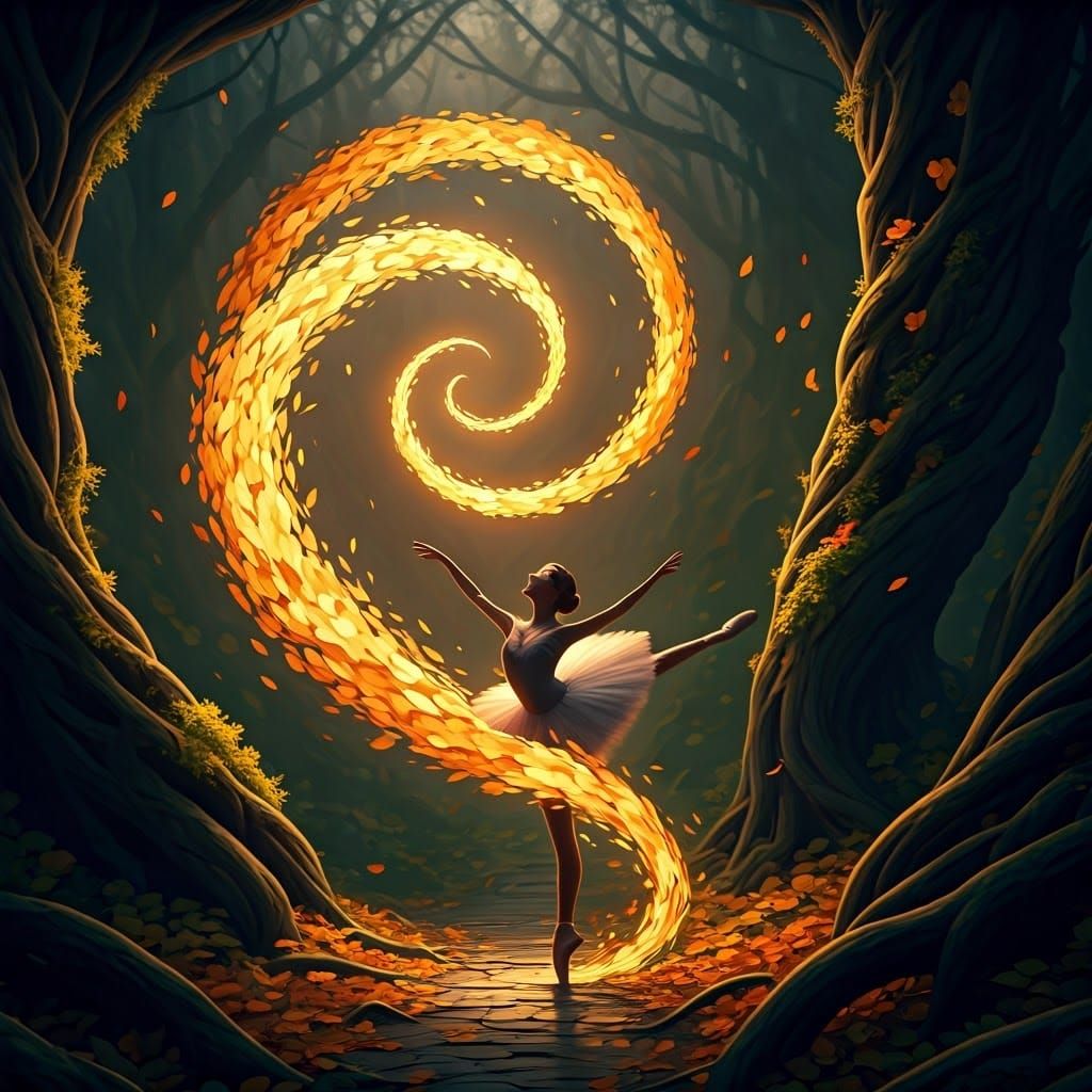 Ethereal Ballerina Silhouetted in a Whirlwind of Golden Leav...