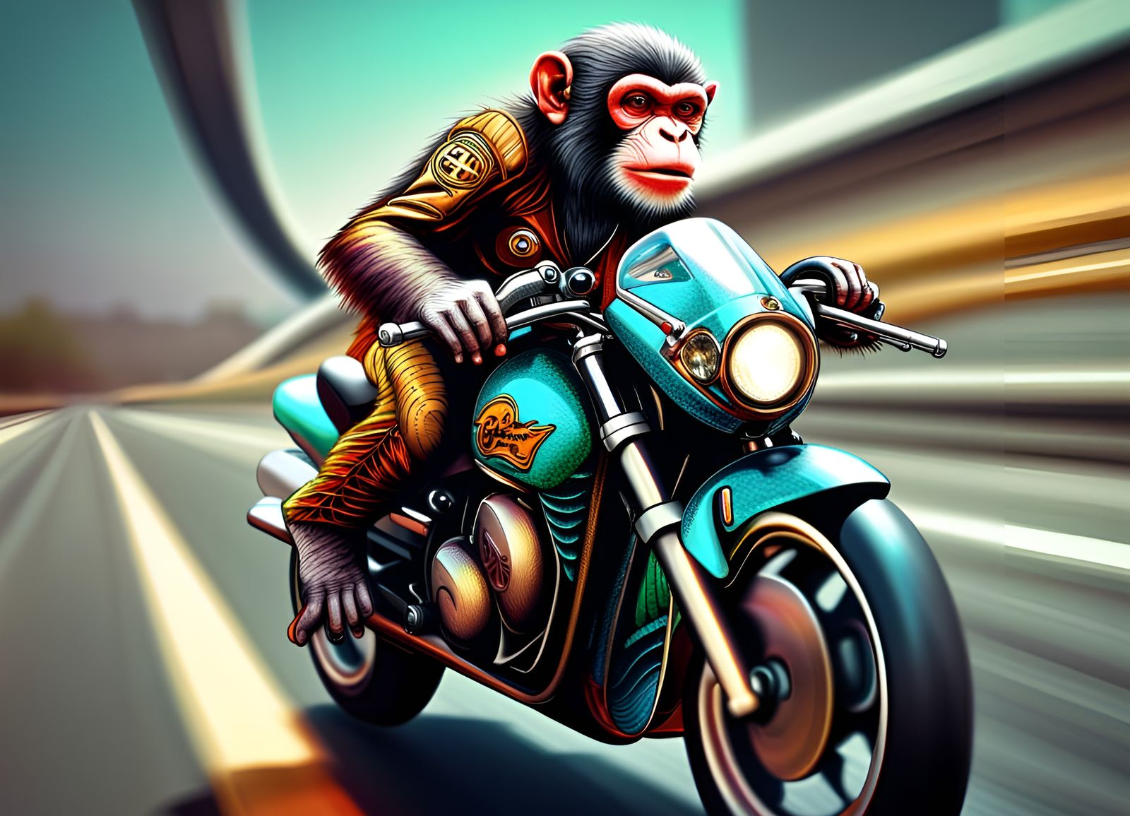 Monkey Races Motorcycle on Freeway: Acrylic Art