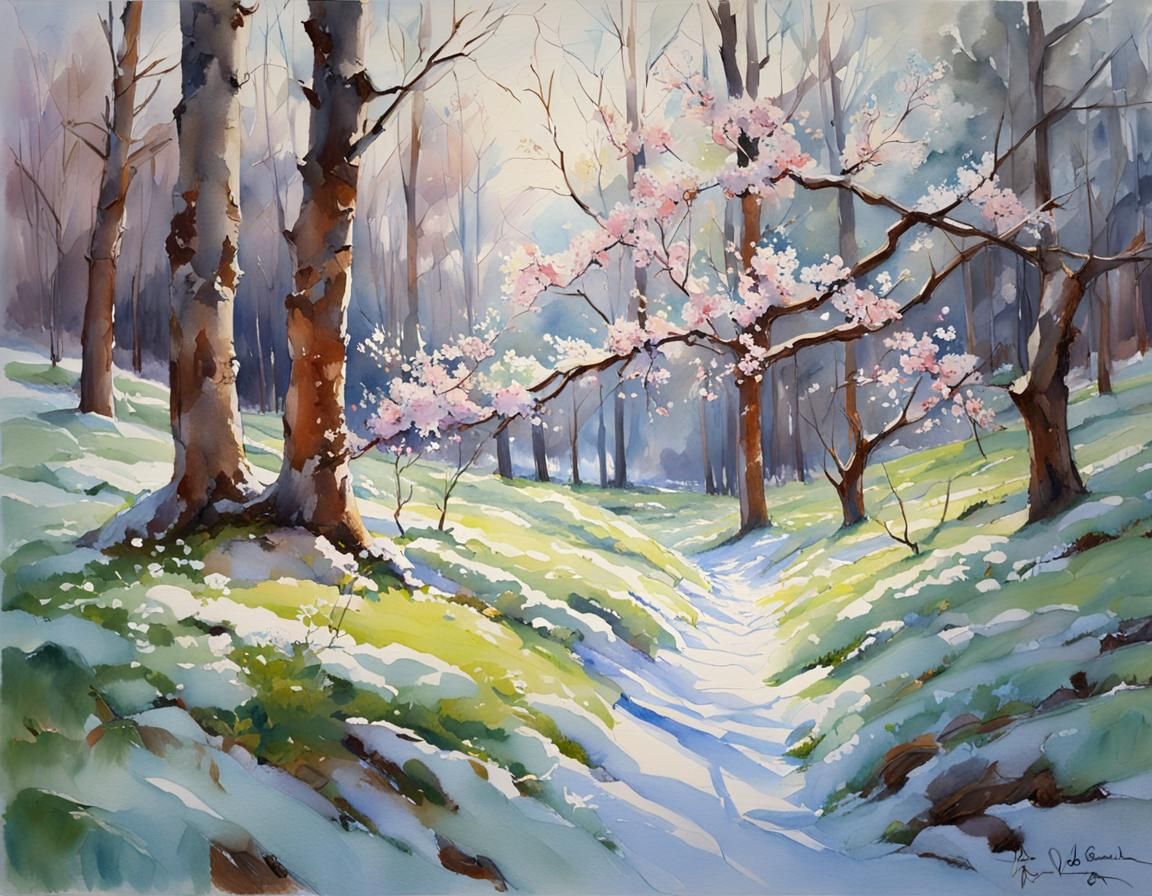 Snowy Forest Awakens with Spring Blossoms: Watercolor