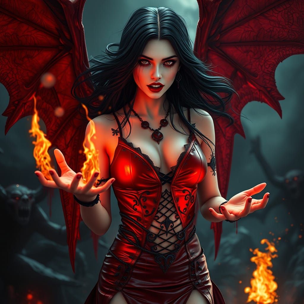 Ethereal Vampire Goddess Amidst Hellish Chaos