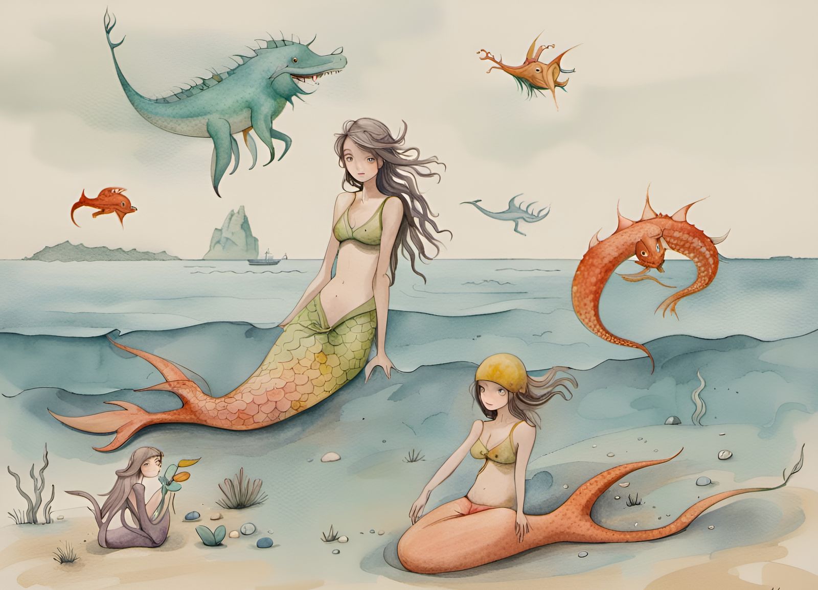 Mermaids and Dragons: Minimalist Watercolor Sketches
