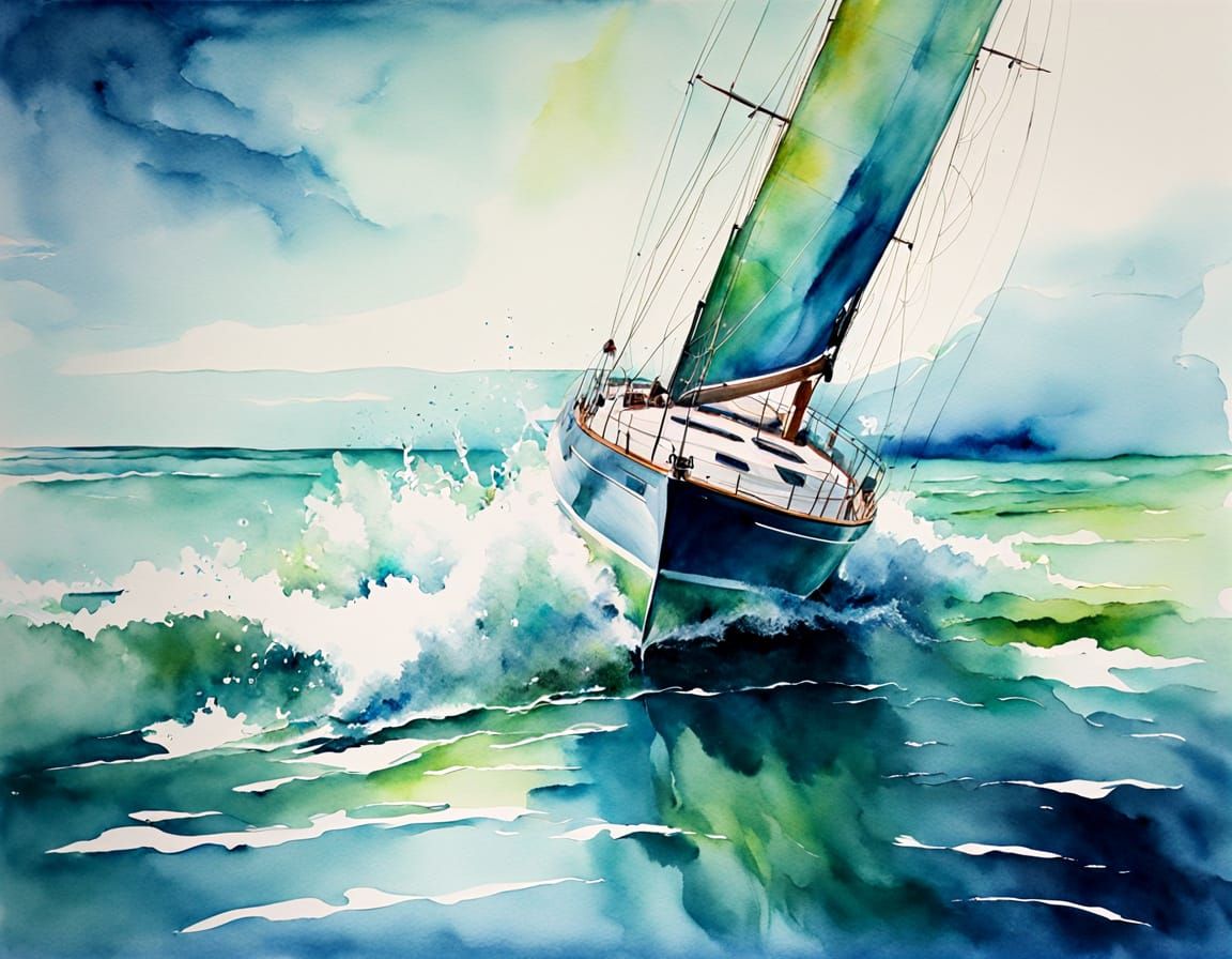 Yacht Sailing on Calm Sea in Vibrant Watercolor Style