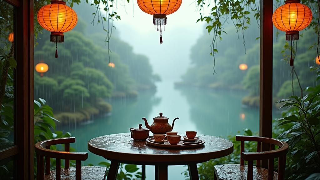 Serene Tea House View with Misty Lake