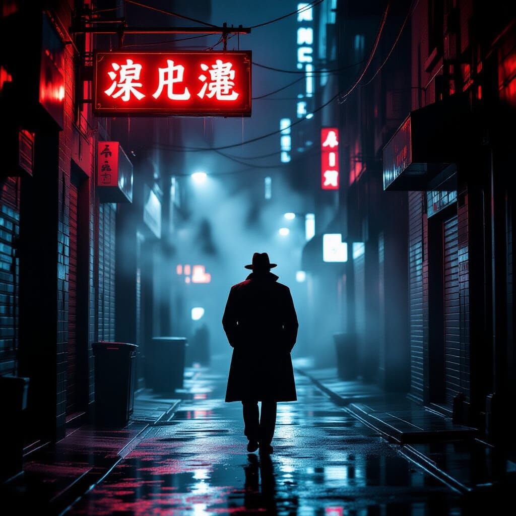 Detective Noir in Futuristic Alleyway