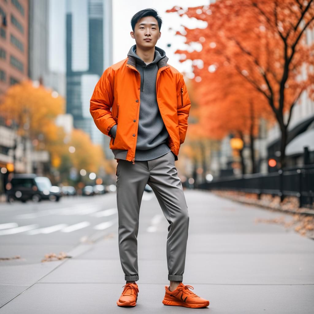 Young Man in Orange Jacket: Autumn Cityscape
