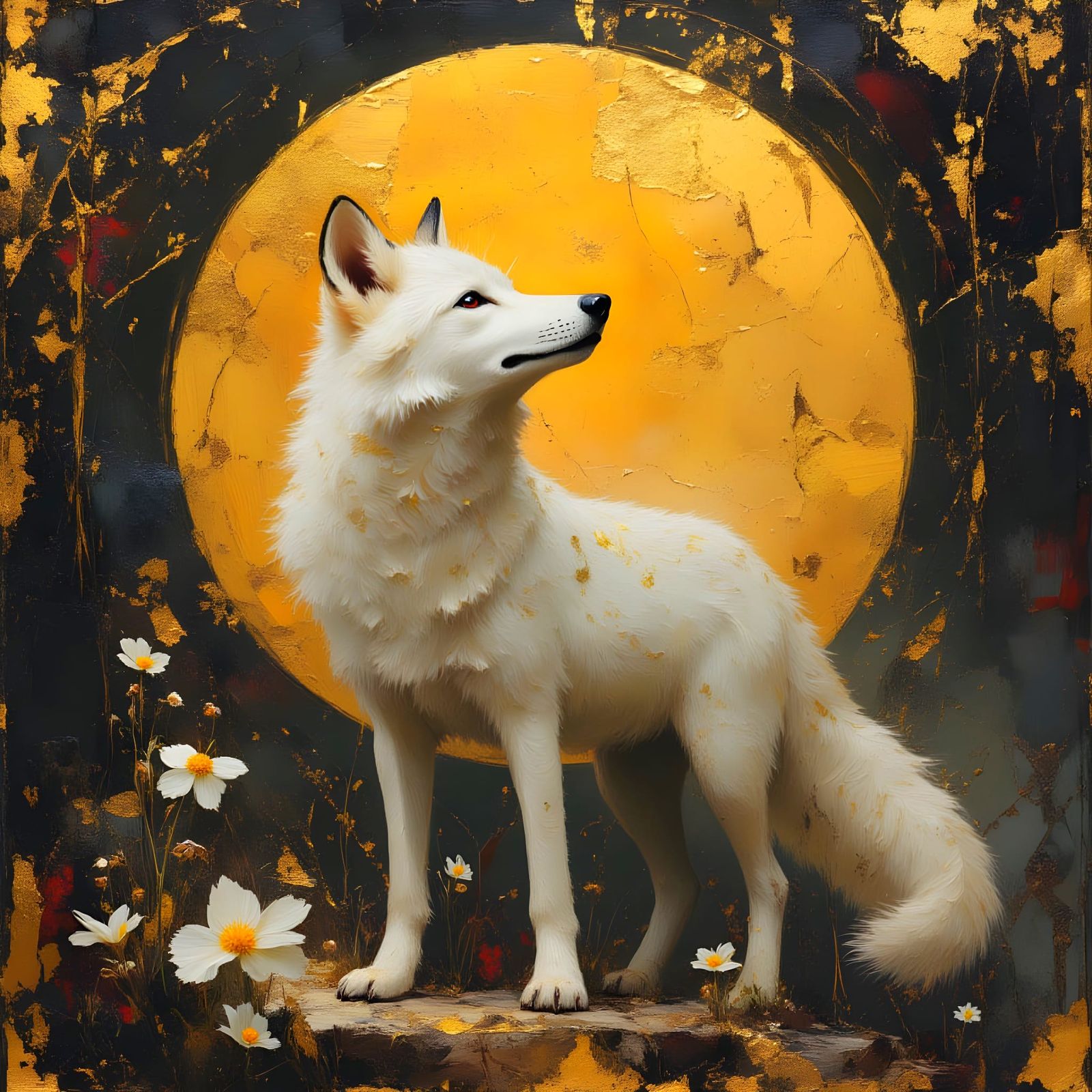 Majestic Kintsugi Wolf Gazing at Golden Moon