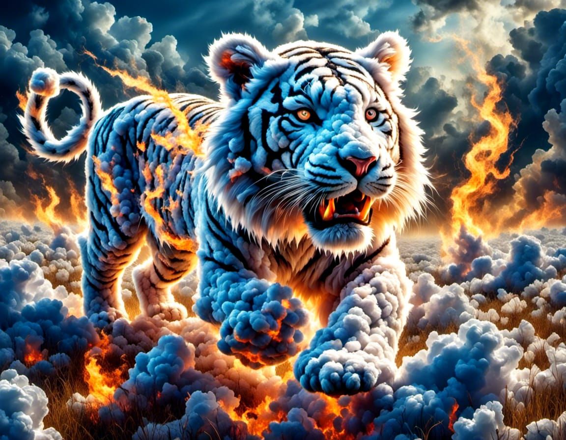 Cloud Tiger Walking Through Fire, Watercolor Style