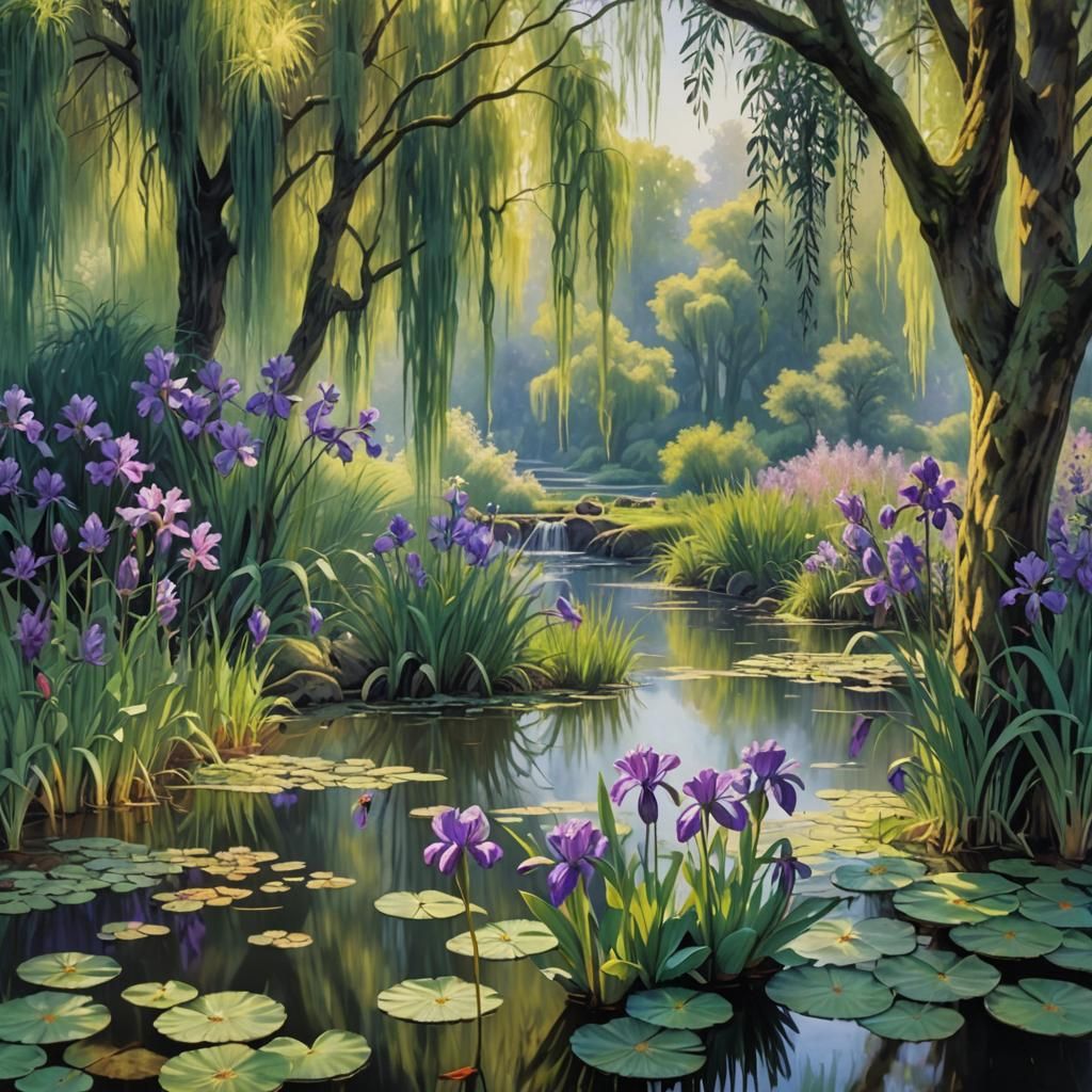 Renaissance Waterlily Pond With Waterfall and Iris