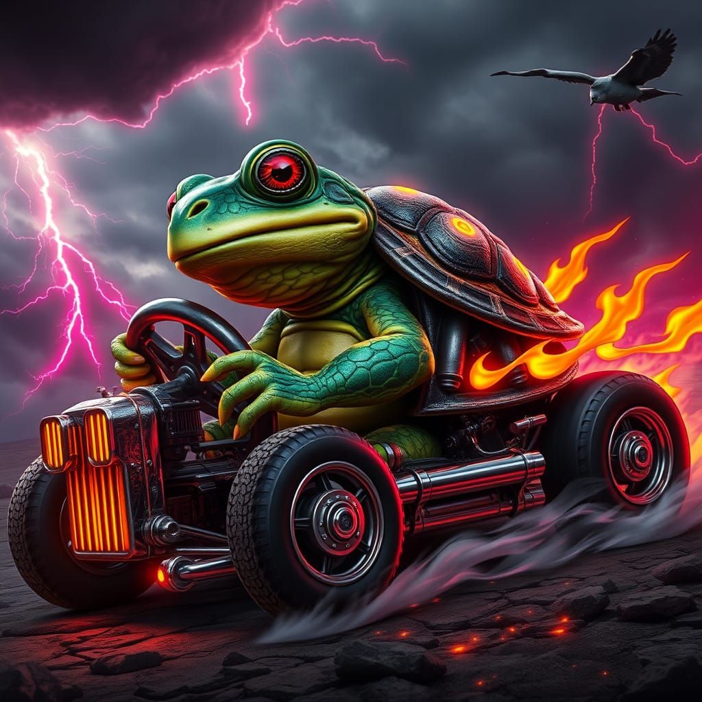 Turtle Toad Driving Hot Rod in Dark Fantasy Art