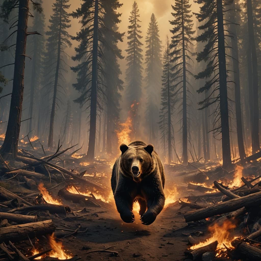 Bear Escaping Wildfire: Epic Digital Matte Painting