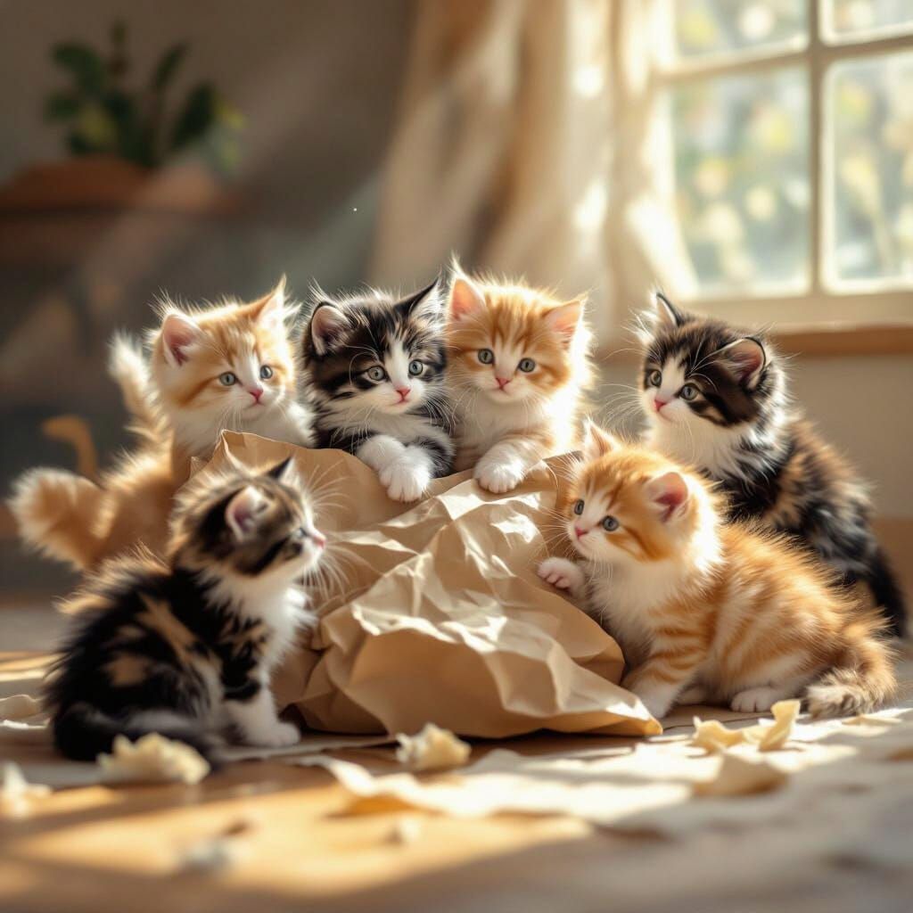 Fluffy Kittens Play With Paper Bag in Sunlit Room