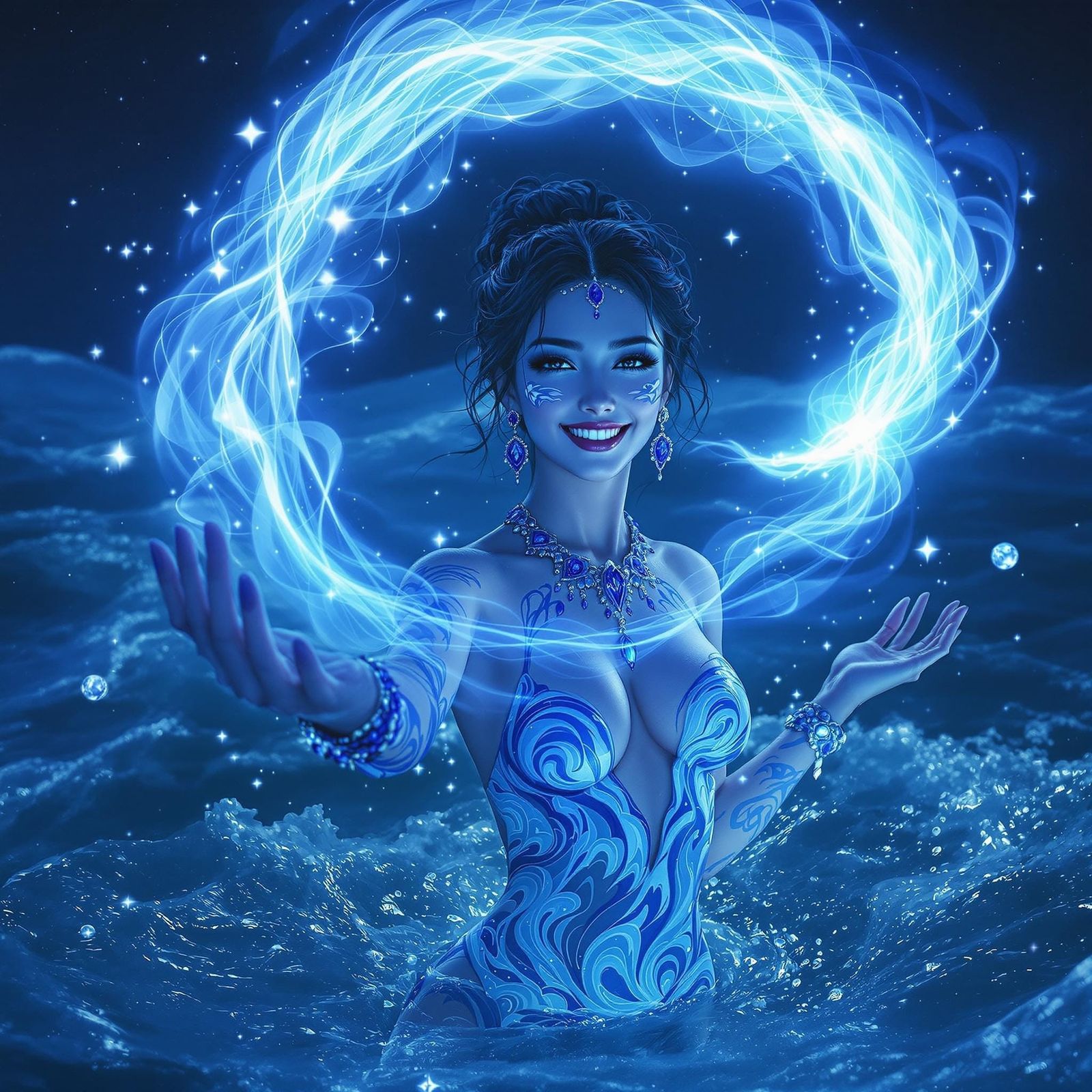 Enchantress Casting Blue Light Spell in Ocean