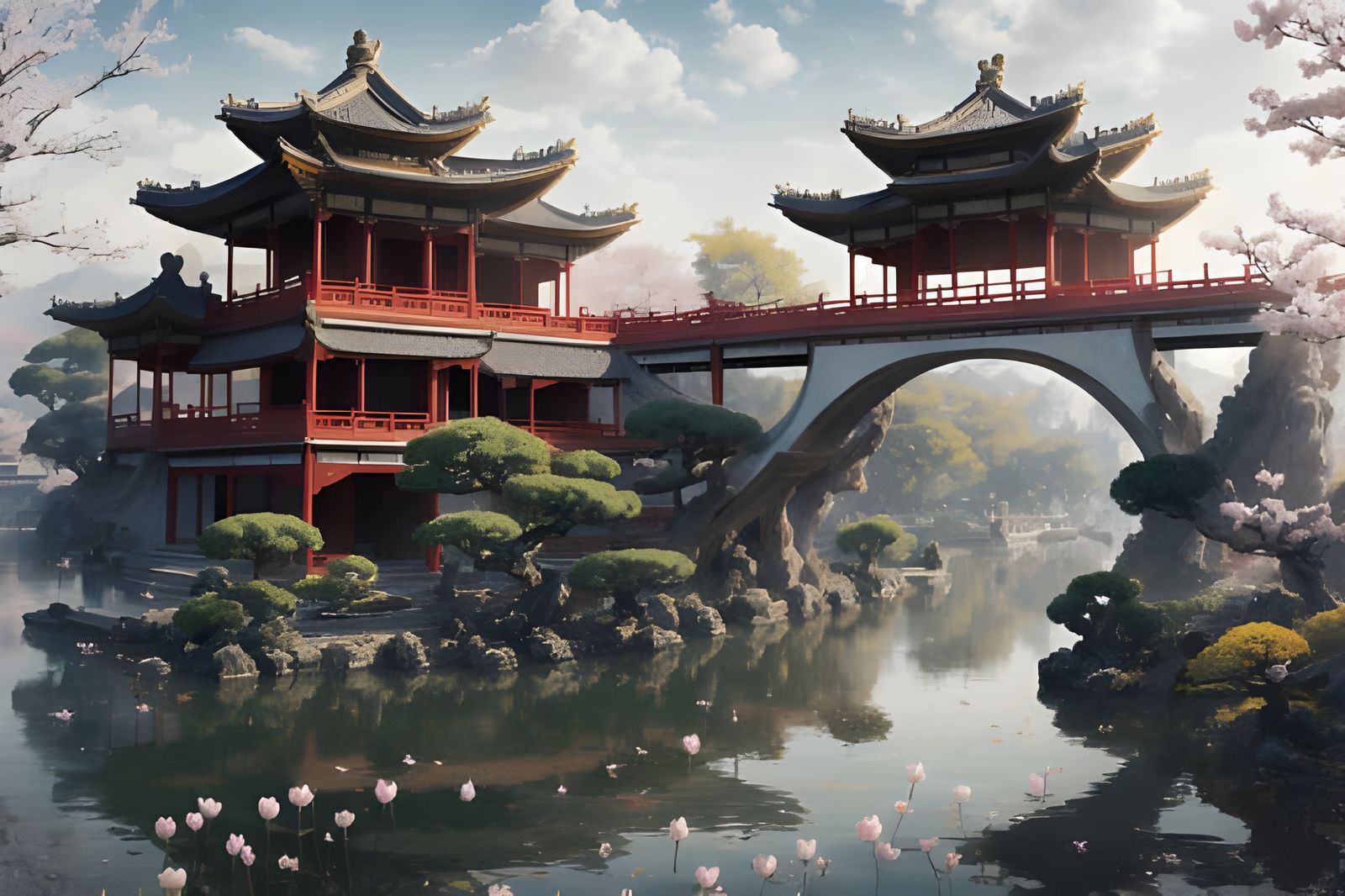 Classical Chinese Garden Scenery with Temple
