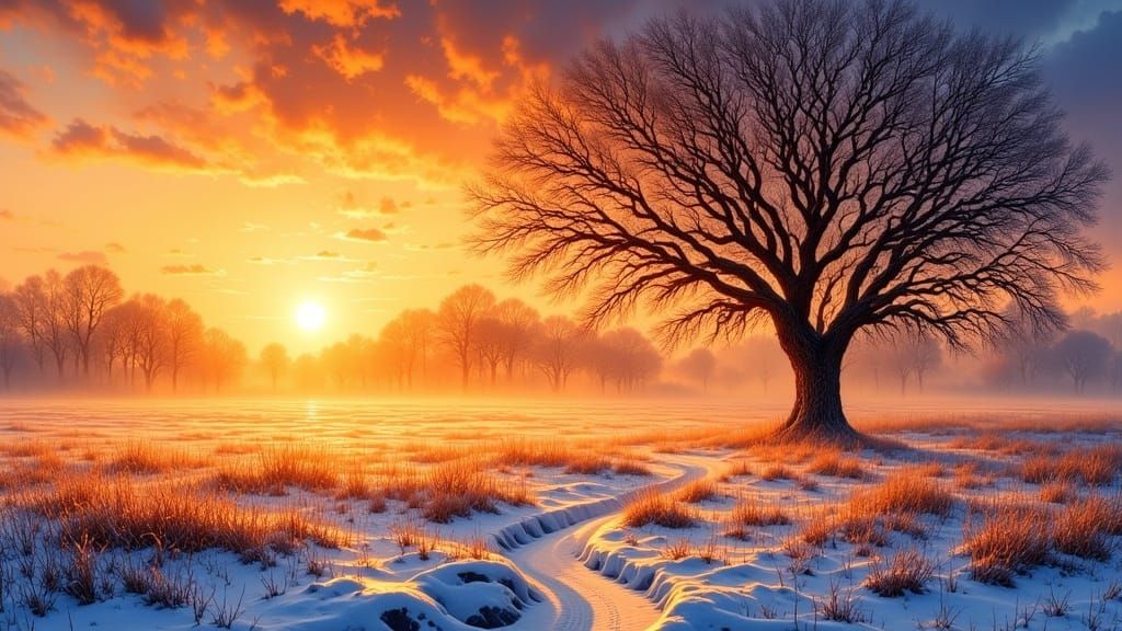 Bright Sunlight Illuminates Snowy Field at Dusk