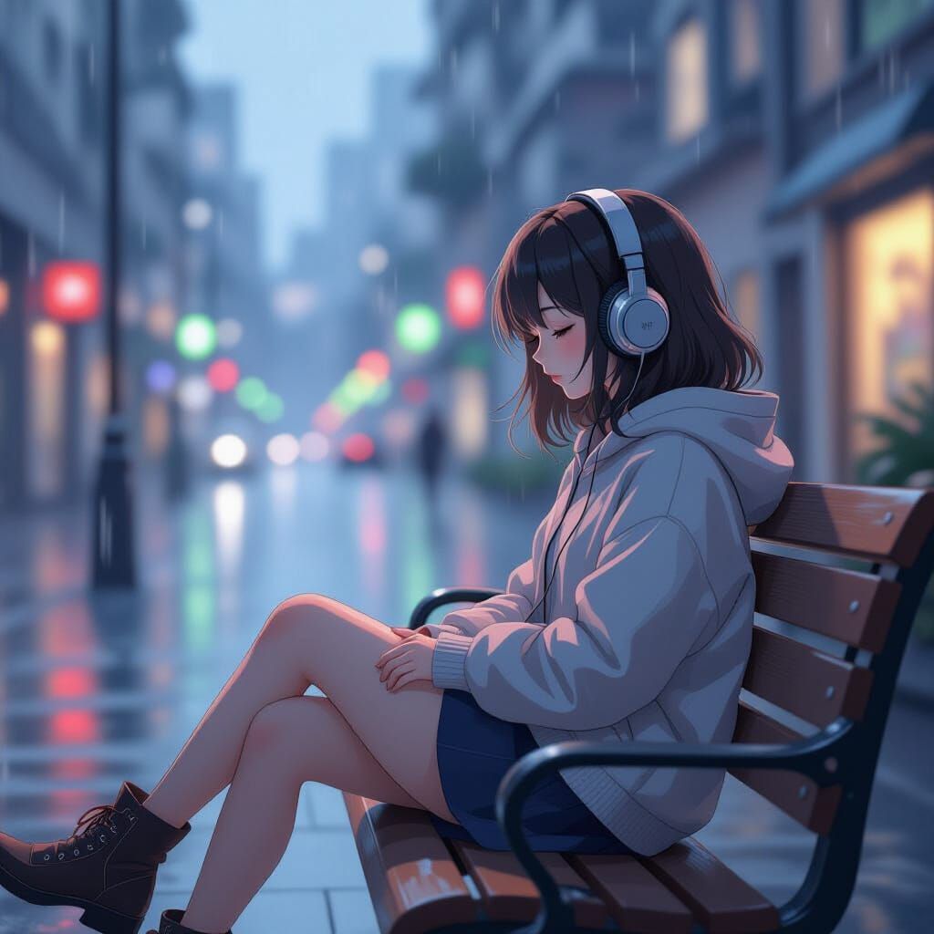 Lo-Fi Girl Relaxing on Bench in Rainy City