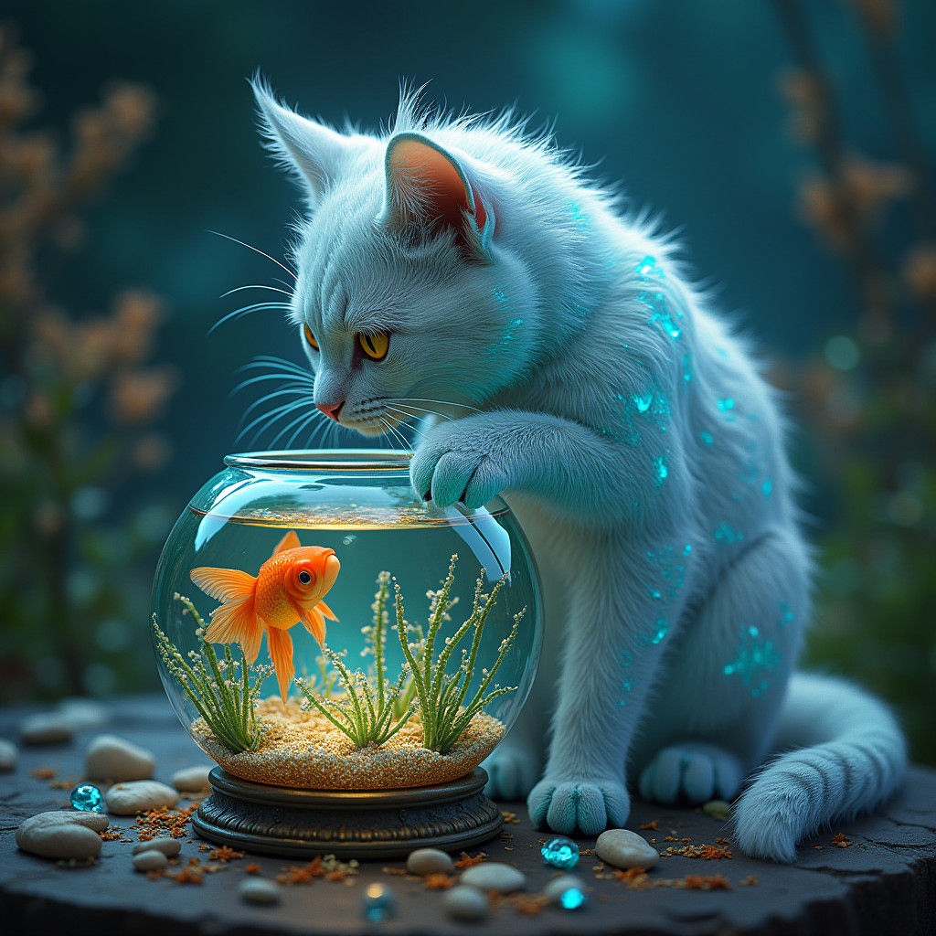 Iridescent Ice Cat Gazing at Goldfish